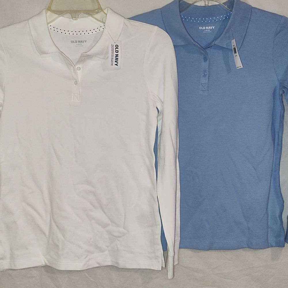 Lot of 2 Old Navy shirt polo uniform long sleeve Large (10-12) Blue And White